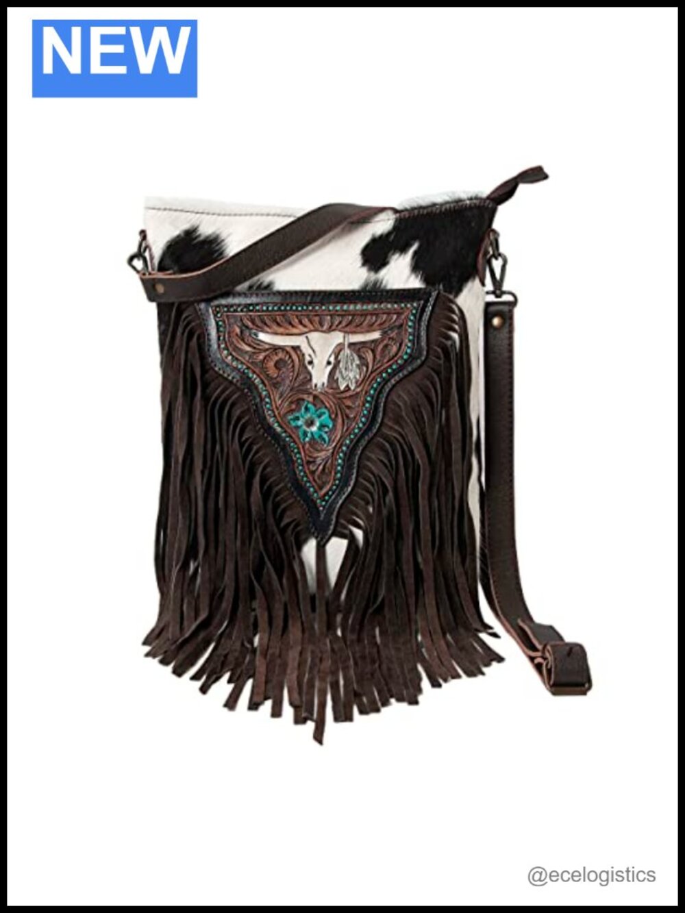 Genuine Cowhide Leather Crossbody Bag Handcrafted Western Fringe Adjustable